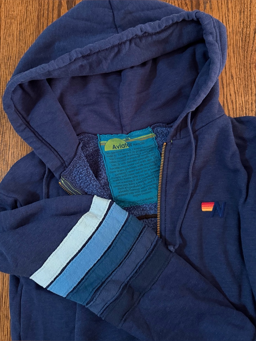 Aviator Nation Size M, Smiley Face Hoodie, Royal Blue w/Striped Arms - Picture 3 of 3